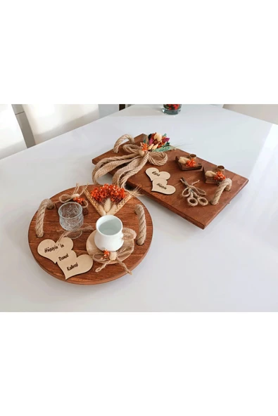 HÜMAİsme Özel Retro Rustik Ahşap Eskitme Söz Nişan Kahve Sunum Damat Tepsisi 2 li Set - 2
