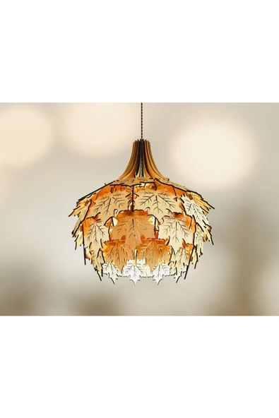 hü ma tasarım ve aksesuarÇınar Yağrağı Modern Tasarım Globe Küre Doğal Ahşap Mdf 3d Lazer Kesim Rustik Salon Avize - 2