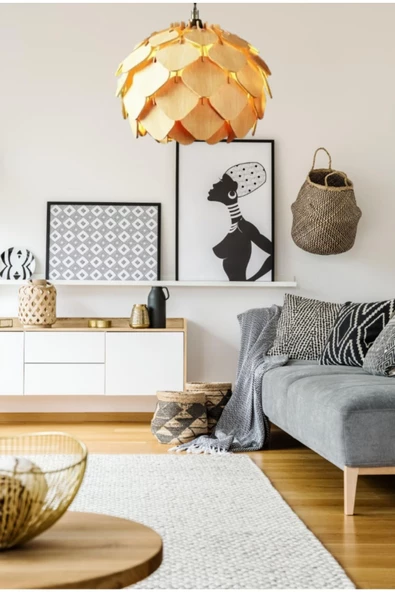 hü ma tasarım ve aksesuarCircle Küre Doğal Ahşap Mdf 3d Lazer Kesim Rustik Salon Avize Modern Aydınlatma - 3