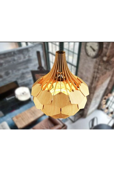 hü ma tasarım ve aksesuarDörtgen Modern Tasarım Globe Küre Doğal Ahşap Mdf 3d Lazer Kesim Rustik Salon Avize - 2