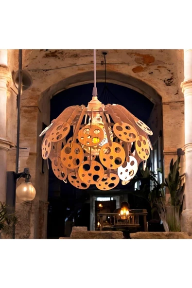 hü ma tasarım ve aksesuarCircle Modern Aydınlatma Tasarım Globe Küre Doğal Ahşap Mdf 3d Lazer Kesim Rustik Salon Avize Aplik - 2