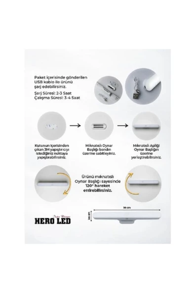 hü ma tasarım ve aksesuarMutfak Tezgah Dolap İçin Şarjlı Led Işık Usb Şarjlı Kablosuz Mıknatıslı Led Lamba 3 Farklı Işık Renk - 5
