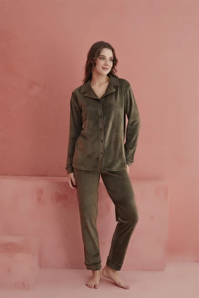 CALİA 8705-2 BAYAN KADİFE HAKİ DÜĞMELİ PİJAMA TAKIMI - Resim 3