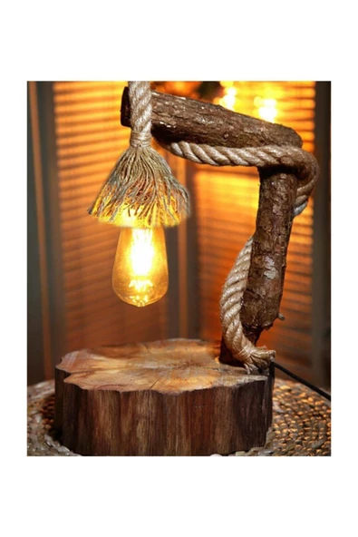HÜMADoğal Ahşap Halatlı Retro Rustik Abajur - Masa Lambası - Resim 3