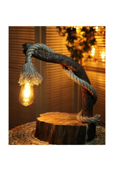 HÜMADoğal Ahşap Halatlı Retro Rustik Abajur - Masa Lambası - Resim 2