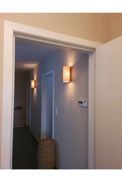hü ma tasarım ve aksesuarYuvarlak Jüt Detaylı Hüma Tasarım Yansıtma Tasarımlı Çift Yönlü Ahşap Salon Duvar Aplik Avize - 2