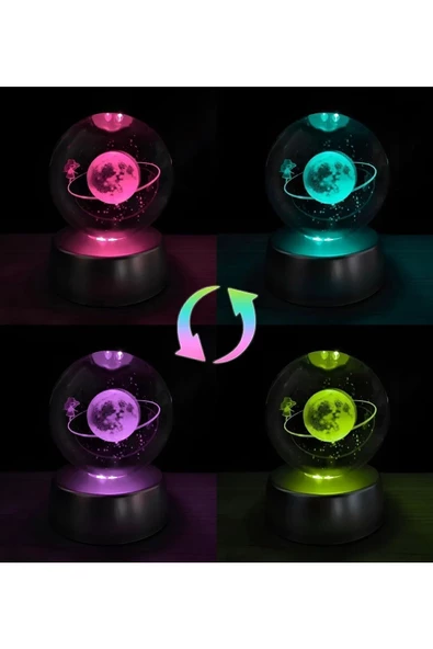tml temalife Renk Değiştiren Led Işıklı Cam Satürn Kız Küre Dolunay Lamba Kristal Top Kar Küresi Özel Hediye Not - 3