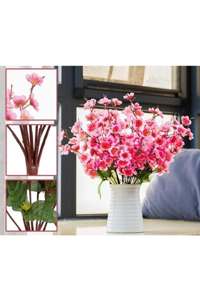TEMALİFE DEKORATİF Yapay Çiçek Bahardalı Japon Kiraz Çiçeği 9 Dallı 40 cm AÇIK PEMBE 3 DEMET - 4