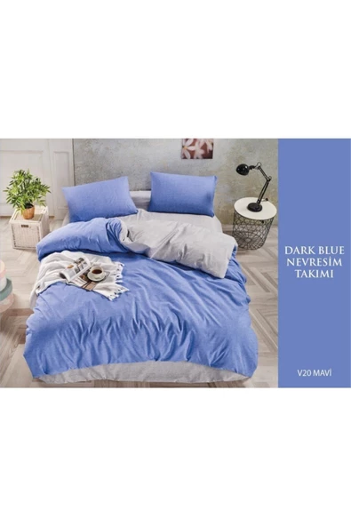 Sheri Home Tekstil Cotton Dark Blue Çift Kişilik Nevresim Takımları V17 Bej