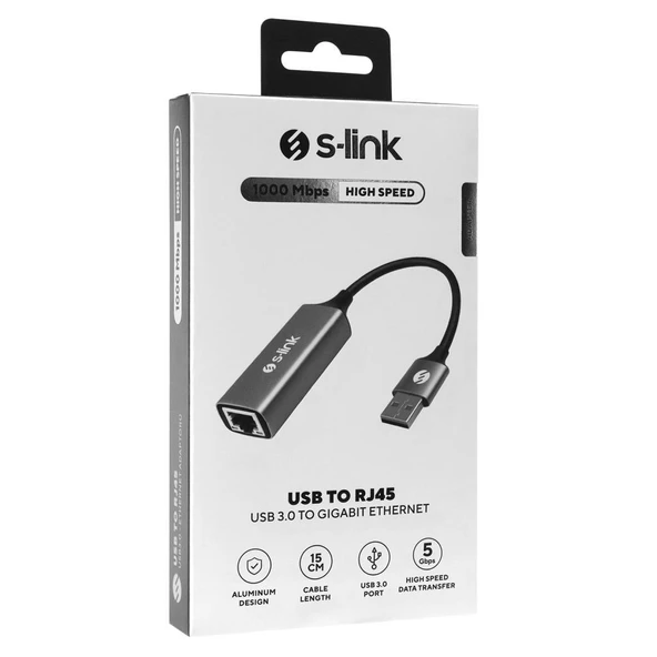 S-link SW-U334 Gri Metal USB 3.0 to RJ45 10/100/1000Mbps Gigabit Adaptör - 3