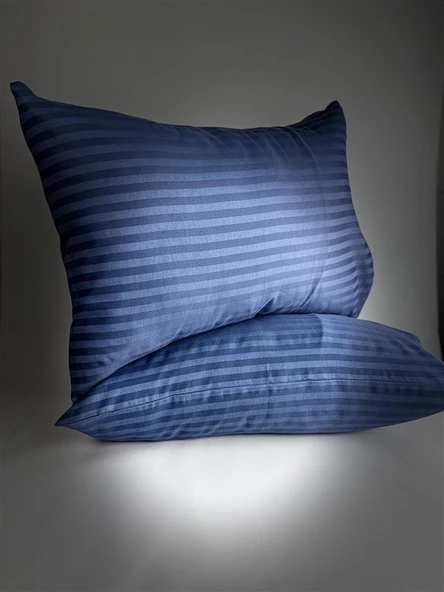 Çizgili Saten Indigo Mavi  2 Adet 50x70 Yastık Kılıfı - 3