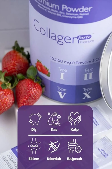 Powder Collagen 300g, 5 Tip Toz Kolajen 10.000mg X 30 Şase & Multivitamin Çilek Aromalı - 3