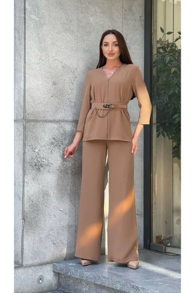 Trend Kadın Özel Tasarım Taşlı Zincir Ve Kemer Detaylı Bluz Pantolon Kadın İkili Takım - 4