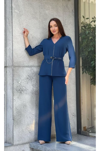 Trend Kadın Özel Tasarım Taşlı Zincir Ve Kemer Detaylı Bluz Pantolon Kadın İkili Takım - 6
