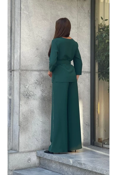 Trend Kadın Özel Tasarım Taşlı Zincir Ve Kemer Detaylı Bluz Pantolon Kadın İkili Takım - 2