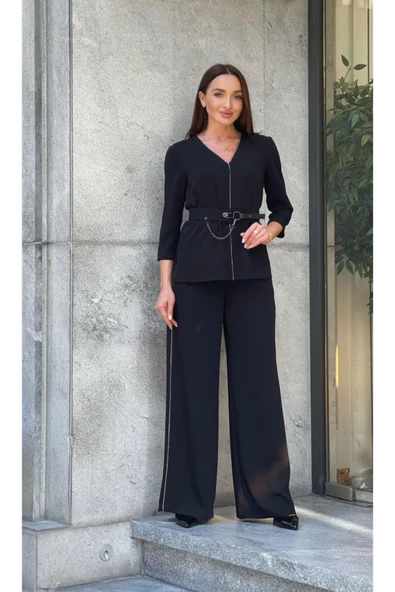 Trend Kadın Özel Tasarım Taşlı Zincir Ve Kemer Detaylı Bluz Pantolon Kadın İkili Takım - 5