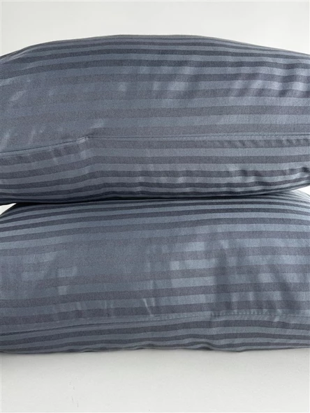 Çizgili Saten Antrasit 2 Adet 50x70 Yastık Kılıfı - 2