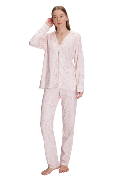 Anıl Kadın Pembe Boydan Düğmeli Pijama Takımı 11291 - 2