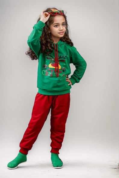 Kız Erkek Merry Christmas ve Geyik Baskılı Yeni Yıl Yeşil Eşofman Takım