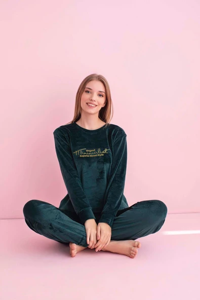 Pijamerry Kadın Kışlık Bisiklet Yaka Kadife Pijama Takımı 3025P - 1 Adet  S Petrol - 3