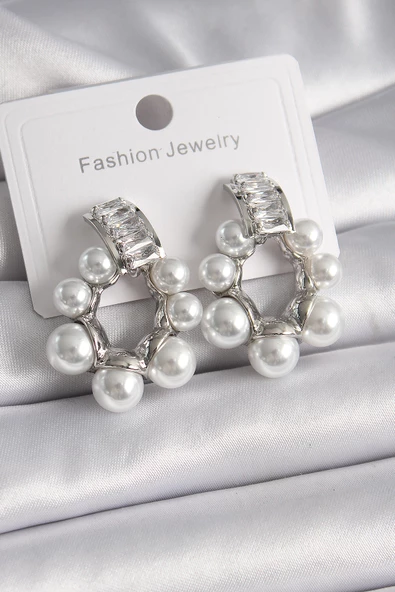 Gümüş Renk Su Yolu Zirkon Taşlı İncili Halka Model Kadın Küpe - EBJ241102W28867 ürün görseli