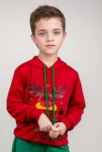 Kız Erkek Merry Christmas ve Geyik Baskılı Yeni Yıl Kırmızı Eşofman Takım - 2