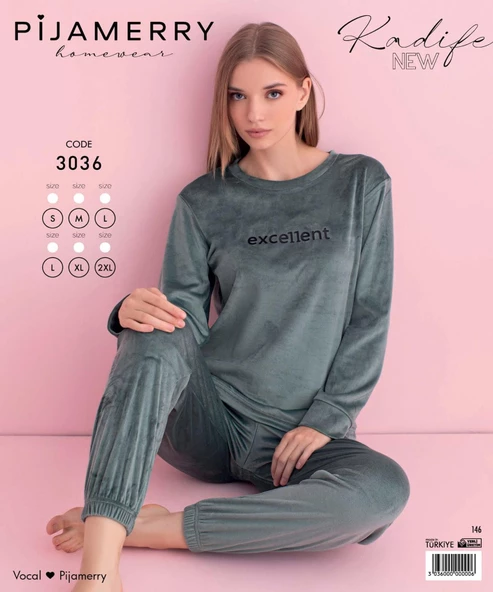 Pijamerry Kadın Kışlık Bisiklet Yaka Kadife Pijama Takımı 3036SY - 1 Adet  M Su Yeşil - Resim 4