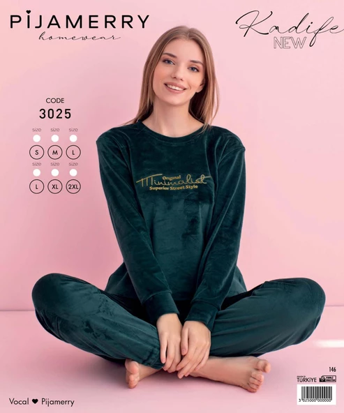 Pijamerry Kadın Kışlık Bisiklet Yaka Kadife Pijama Takımı 3025P - 1 Adet  M Petrol - Resim 4