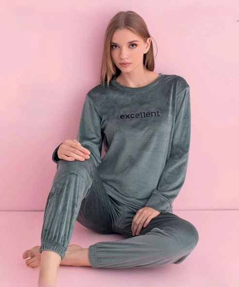 Pijamerry Kadın Kışlık Bisiklet Yaka Kadife Pijama Takımı 3036SY - 1 Adet  M Su Yeşil - Resim 2