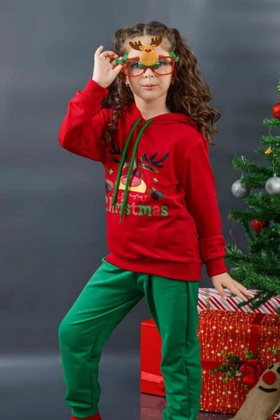 Kız Erkek Merry Christmas ve Geyik Baskılı Yeni Yıl Kırmızı Eşofman Takım - 6