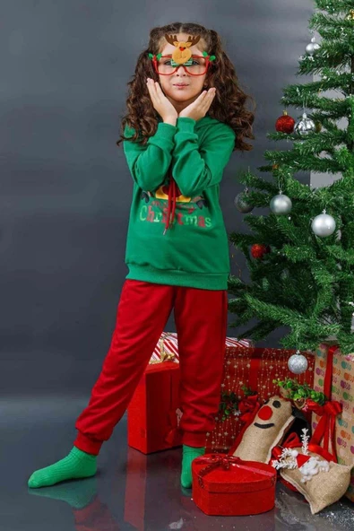 Kız Erkek Merry Christmas ve Geyik Baskılı Yeni Yıl Yeşil Eşofman Takım - 4