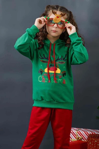 Kız Erkek Merry Christmas ve Geyik Baskılı Yeni Yıl Yeşil Eşofman Takım - 7