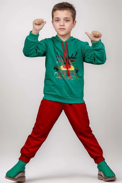 Kız Erkek Merry Christmas ve Geyik Baskılı Yeni Yıl Yeşil Eşofman Takım - 5
