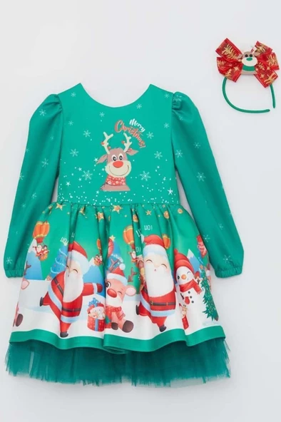 Kız Çocuk Merry Christmas ve Geyik Baskılı Yeni Yıl Yeşil Elbise - 2