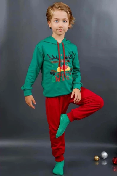 Kız Erkek Merry Christmas ve Geyik Baskılı Yeni Yıl Yeşil Eşofman Takım - 6