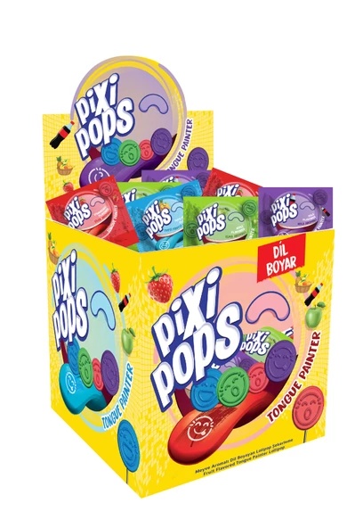 PİXİPOPS Kabartmalı Yüz İfadeli, Dil Boyayan Yassı Lolipop 6,2 Grx150adet/1 Kutu