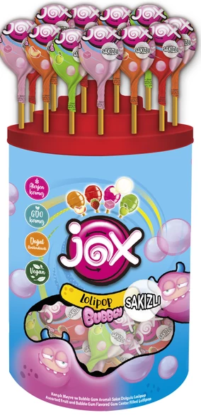 JOX Bubbly - Çilek, Şeftali, Bubble Gum, Elma Aromalı Sakız Dolgulu Lolipop (13 gr X 110 Adet)