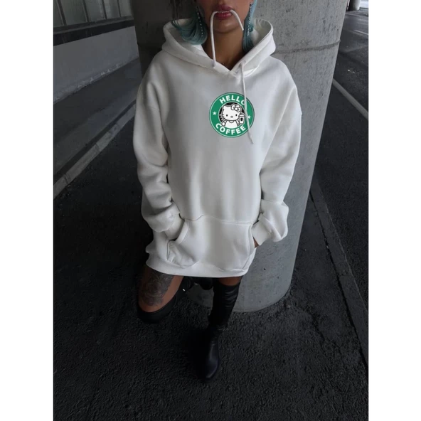 Üç İplik Penye Uzun Kol Kapşonlu SweatShirt - Beyaz - 3