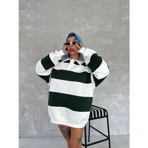Unisex Üç İplik Parçalı Yakalı SweatShirt - Yeşil - 3