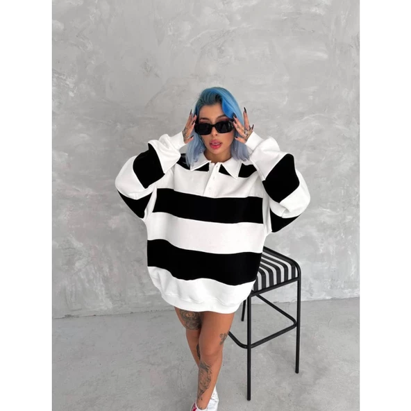 Unisex Üç İplik Parçalı Yakalı SweatShirt - Siyah - 3