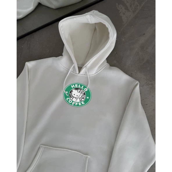 Üç İplik Penye Uzun Kol Kapşonlu SweatShirt - Beyaz - 2