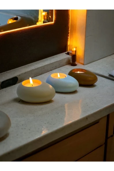 Three Drops Dekoratif Beton Tealight Mumluk 3'lü Set | Alaçatı-Baby Blue-Karamel |