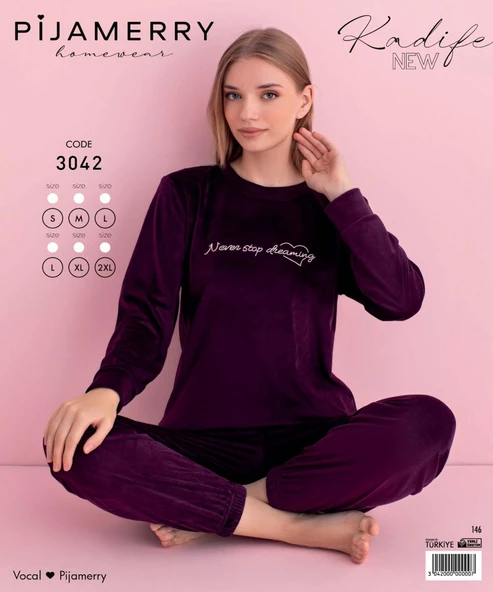 Pijamerry Kadın Kışlık Bisiklet Yaka Kadife Pijama Takımı 3042M - 1 Adet  M Mor - 3