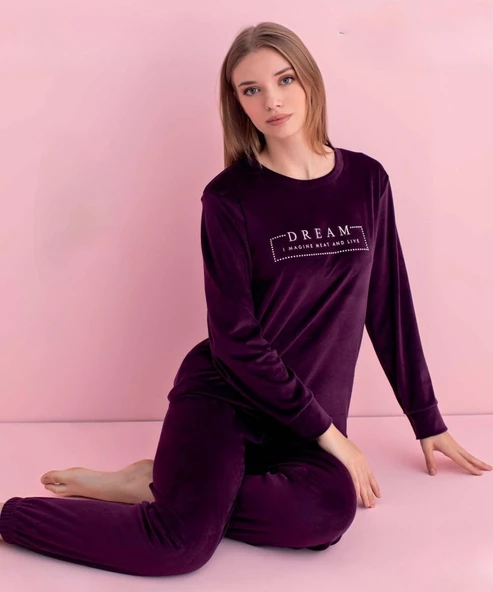 Pijamerry Kadın Kışlık Bisiklet Yaka Kadife Pijama Takımı 3041M - 1 Adet  M Mor