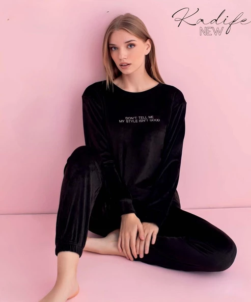 Pijamerry Kadın Kışlık Bisiklet Yaka Kadife Pijama Takımı 3050S - 1 Adet  Siyah M - Resim 2
