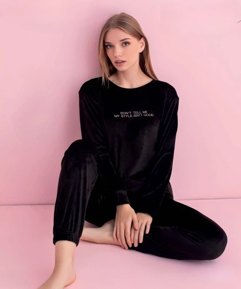 Pijamerry Kadın Kışlık Bisiklet Yaka Kadife Pijama Takımı 3050S - 1 Adet  Siyah 2XL