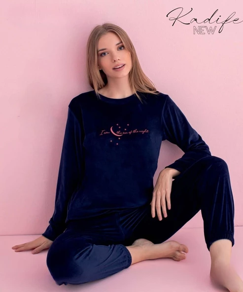 Pijamerry Kadın Kışlık Bisiklet Yaka Kadife Pijama Takımı 3037L - 1 Adet  M Lacivert - 2