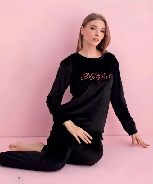 Pijamerry Kadın Kışlık Bisiklet Yaka Kadife Pijama Takımı 3051S - 1 Adet  Siyah L