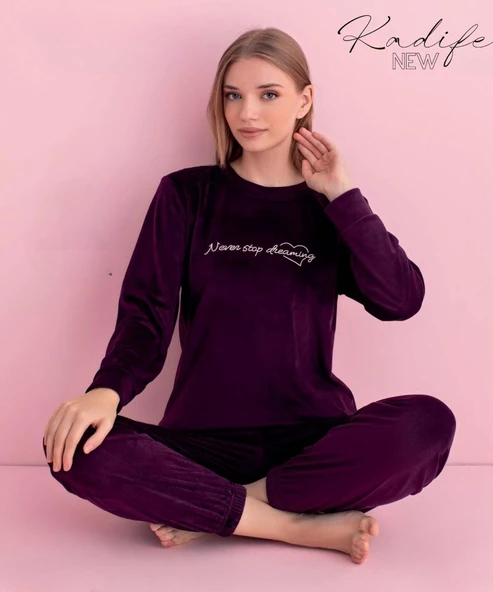 Pijamerry Kadın Kışlık Bisiklet Yaka Kadife Pijama Takımı 3042M - 1 Adet  M Mor - 2