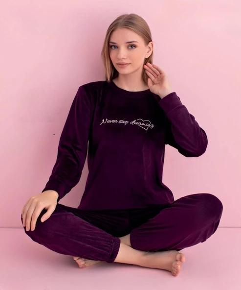 Pijamerry Kadın Kışlık Bisiklet Yaka Kadife Pijama Takımı 3042M - 1 Adet  XL Mor